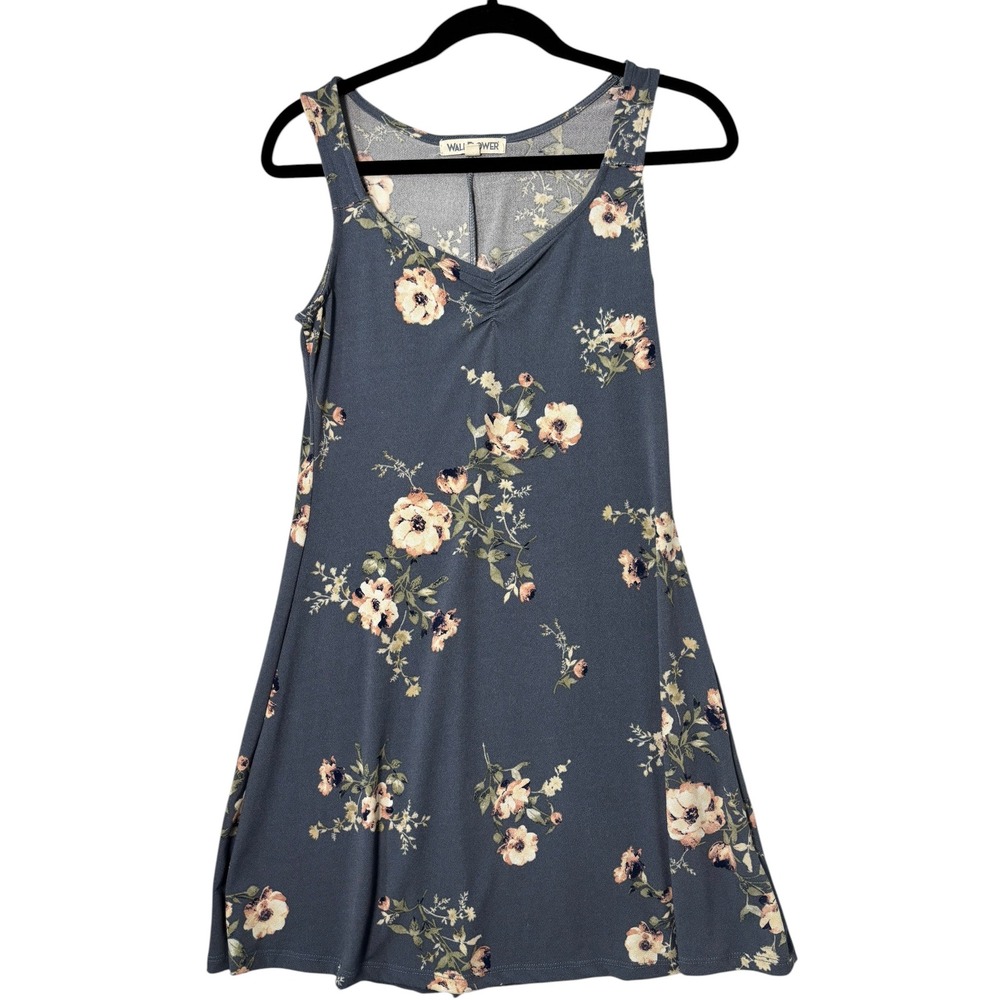 Wallflower Womens Floral V-Neck Sleeveless Skater Mini Dress Blue Peach Small